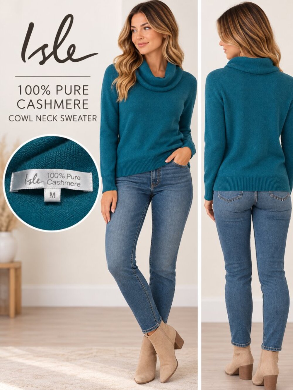 Vintage Cashmere Isle Teal Cowl Neck Sweater - Size M
